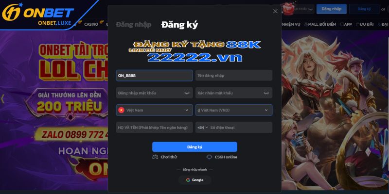 Hướng dẫn đăng ký tài khoản hội viên ONBET đơn giản